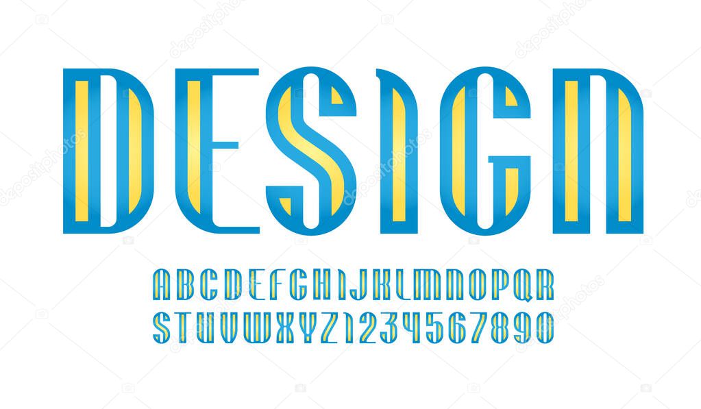 Graphic trendy font, colored alphabet sans serif, modern uppercase Latin letters and Arab numbers