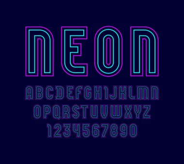 Moda neon yazı tipi, iki renkli satırdan modern alfabe, A 'dan Z' ye büyük harfler ve 0 'dan 9' a Arap rakamları sizin için tasarımlar, vektör illüstrasyonu 10EPS