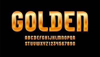 Altın stilin yüksek çelik yazı tipi, modaya uygun alfabe, A 'dan Z' ye Latince harfleri ve 0 'dan 9' a Arap rakamlarını yeniden oluşturun. Tasarımlar, vektör illüstrasyonu 10EPS
