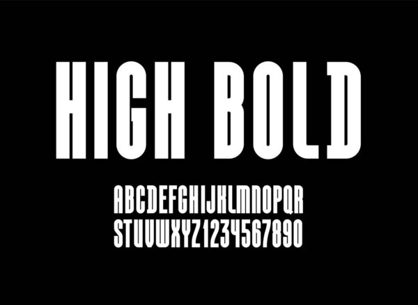 Высокий шрифт, сжатые высокие ультрасмелые буквы "habet sans serif", трехмерные латинские буквы от А до Я и арабские цифры от 0 до 9 для вас, векторная иллюстрация 10EPS
