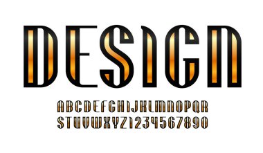 Grafiksel altın yazı tipi, modaya uygun alfabe serif, modern büyük harfli Latince harfler A 'dan Z' ye ve Arap rakamları 0 'dan 9' a tasarımlar, vektör illüstrasyonu 10EPS