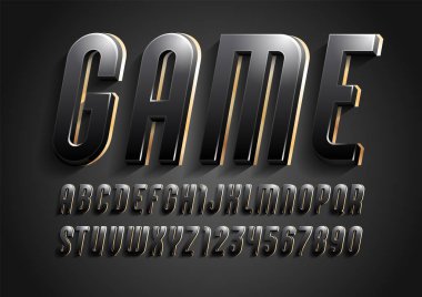 Koyu renk gradyan, modaya uygun kasvetli alfabeden 3 boyutlu yazı tipi serif, modern yoğunlaştırılmış harfler ve takviminiz için numaralar, el ilanı, poster, afiş, vektör illüstrasyonu 10eps.