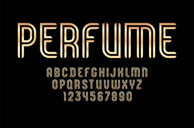 Çizgili altın yazı tipi şeritsiz, iki metalik şeritten oluşan alfabe, A 'dan Z' ye büyük Latince harfler ve 0 'dan 9' a kadar Arap rakamları sizin için tasarımlar, vektör illüstrasyonu 10EPS