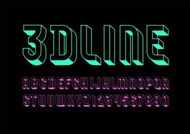 Neon renginden 3 boyutlu yazı tipi, modaya uygun parlak alfabe, modern yoğunlaştırılmış harfler ve tasarımınız için numaralar, vektör illüstrasyonu.