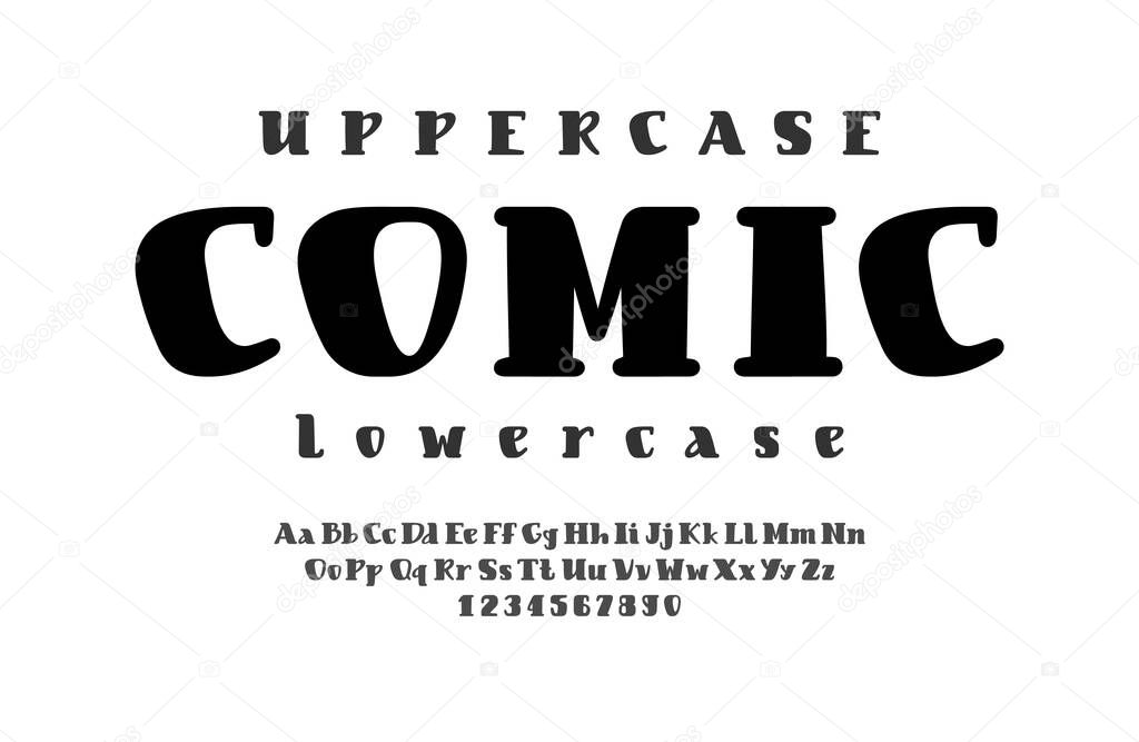 Comic modern font, trendy bold alphabet, black uppercase Latin letters from A to Z and Arab numbers from 0 to 9 for you designs, vector illustration 10EPS