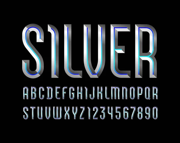 Alfabeto cromado de bloque cincelado, fuente con efecto de plata metálica, letras biseladas y números, ilustración vectorial 10EPS — Vector de stock