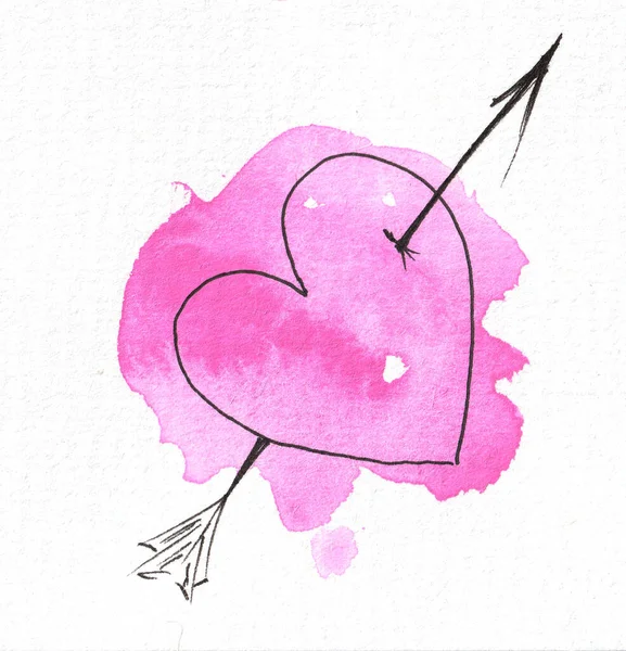 Zarys serca na tle akwarelowego różowego plamki. Walentynki — Zdjęcie stockowe