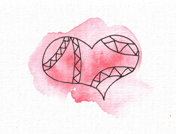 Zarys serca na tle akwarelowego różowego plamki. Walentynki — Zdjęcie stockowe
