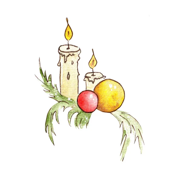 Icone natalizie ad acquerello con decorazioni natalizie - candele. Disegnato a mano su carta . — Foto Stock