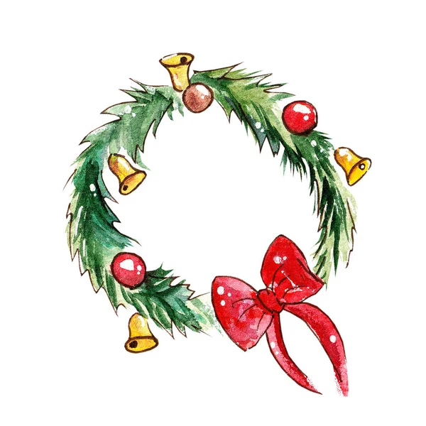 Aquarel Kerst iconen met kerstversiering - krans, slinger. — Stockfoto