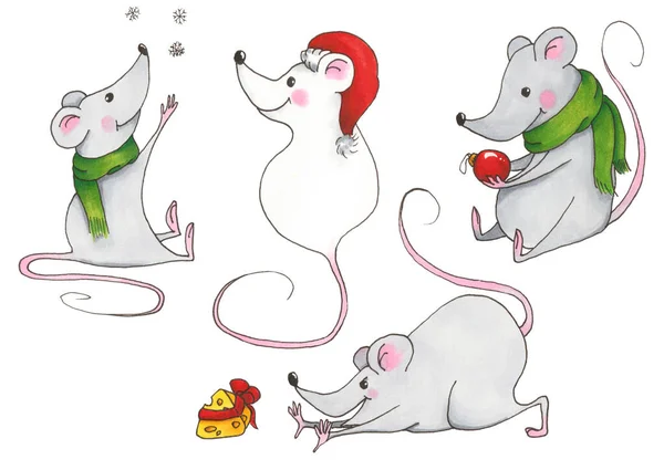 Αστεία ποντίκια. Ο αρουραίος είναι το σύμβολο του 2020. Πρωτοχρονιά. Σύνολο αυτοκόλλητων. — Φωτογραφία Αρχείου