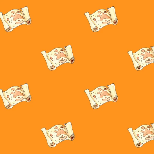 Nahtlose Musterkarte der Schatzinsel. Handgezeichnet. Aquarell-Illustration auf orangefarbenem Hintergrund. — Stockfoto
