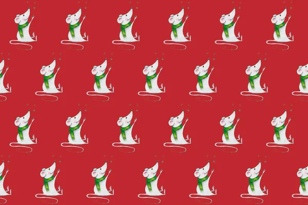 Seamless pattern with Christmas mice. Hand drawn illustration with alcohol-based markers.