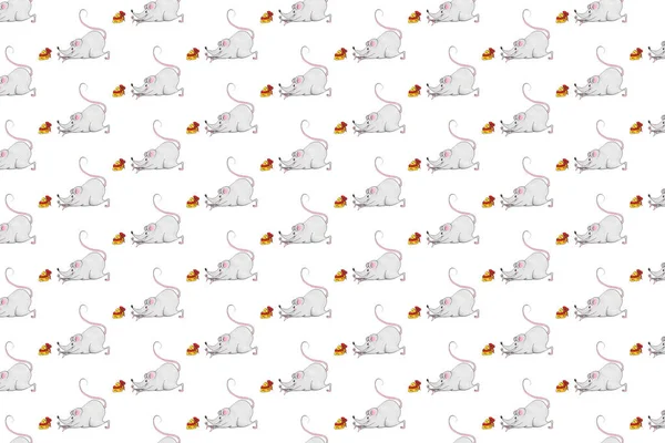 Seamless pattern with Christmas mice on white background.