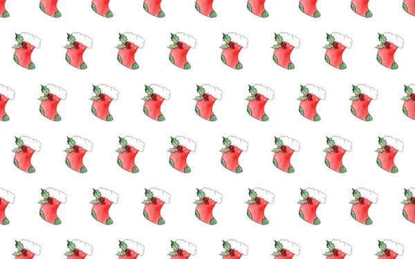 Seamless pattern - Watercolor Christmas sock. Hand-drawn on paper.