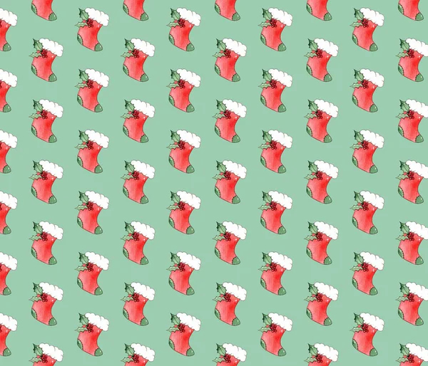 Seamless pattern - Watercolor Christmas sock. Hand-drawn on paper. — Stock Photo, Image