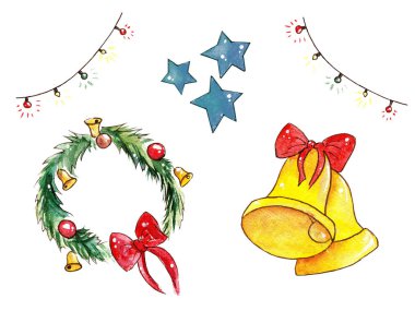 Suluboya Noel süslemeleri, mumlar, çanlar, çelenkler, çelenkler.