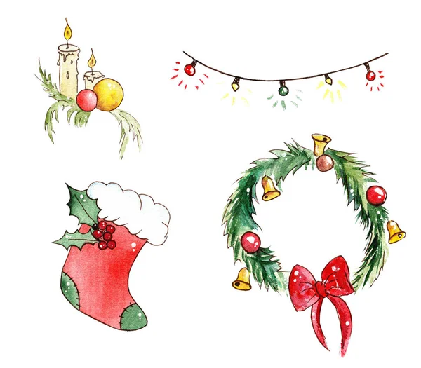 Aquarela Natal mini conjunto de decorações, velas, sinos, grinalda, guirlanda . — Fotografia de Stock