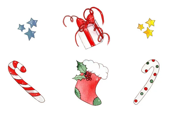 Watercolor karácsonyi mini készlet dekorációk, csillagok, cukorka, koszorú, ajándék. — Stock Fotó
