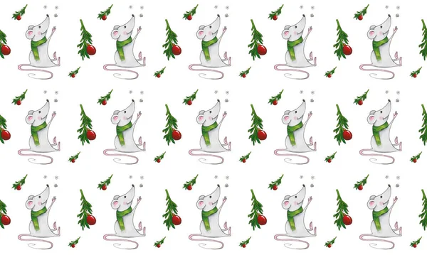 Seamless pattern with Christmas mice on white background. Hand drawn illustration with alcohol-based markers. — ストック写真