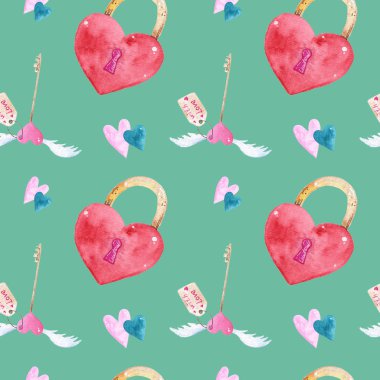 Sevgililer Günü için suluboya elementlerin kusursuz deseni. Kalp, aşk.