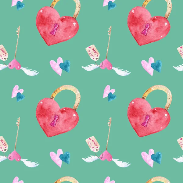 Nahtlose Muster von Aquarellelementen für den Valentinstag. Herz, Liebe. — Stockfoto