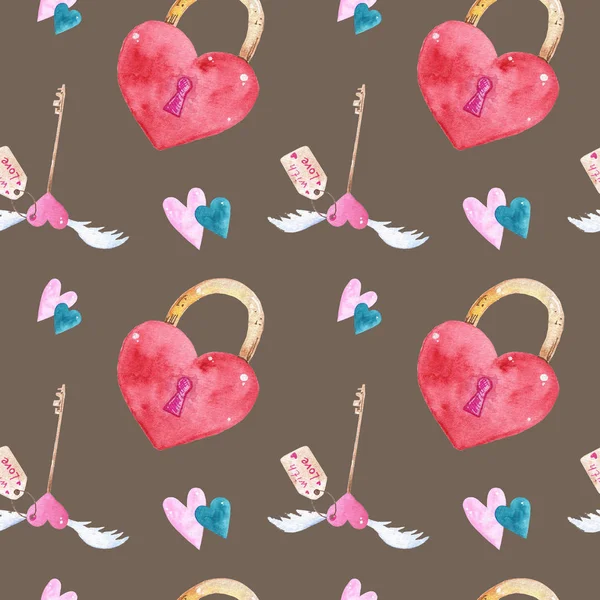 Seamless pattern of Watercolor elements for Valentines day. Heart, love. — Stock Photo, Image