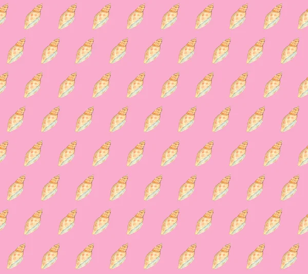 Seamless pattern with hand paint watercolor seashell on pink background. — Stock Photo, Image