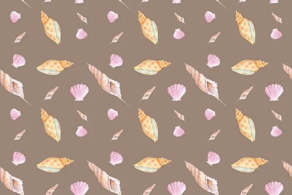 Seamless pattern with watercolor seashells on brown background. Nautilus raster illustration. — Stock Photo, Image