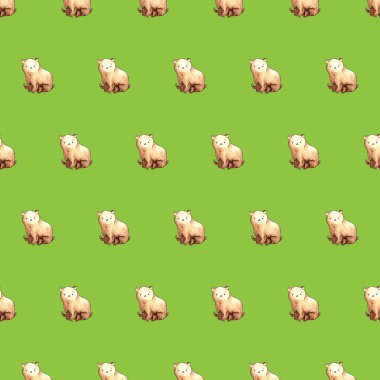 Kahverengi ayılı kusursuz desen, yeşil arkaplanda suluboya çizimi..