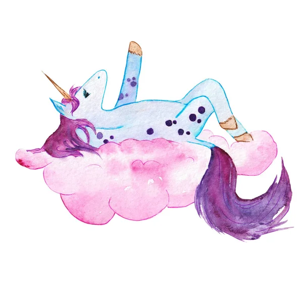 Watercolor illustration of a blue dreaming unicorn on a pink cloud. — Stock Photo, Image