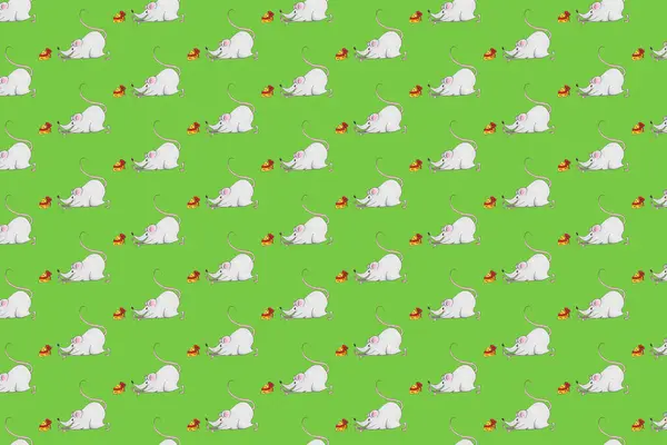 Seamless pattern with Christmas mice on green background. Hand drawn illustration with alcohol-based markers. — ストック写真