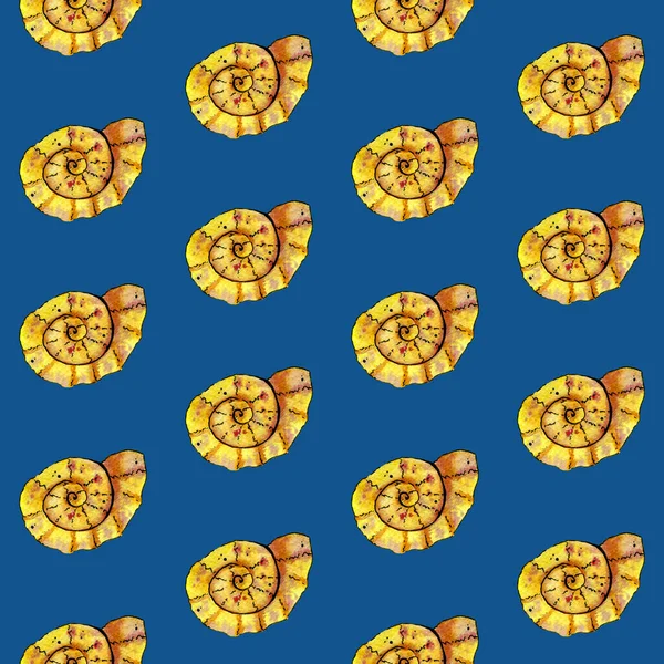 シームレスなパターン。手描き水彩黄貝殻古典的な青の背景に. — ストック写真