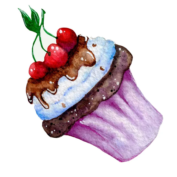 Torta acquerellata con ciliegia e cioccolato isolata su fondo bianco. Illustrazione disegnata a mano — Foto Stock