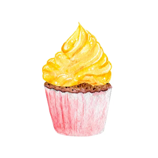 Bolo de aquarela com creme amarelo isolado em um fundo branco. Ilustração desenhada à mão — Fotografia de Stock