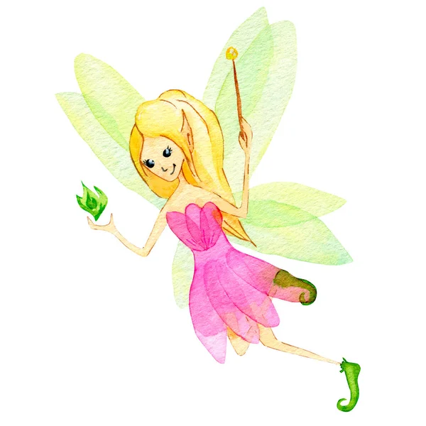かわいい妖精の女の子でピンクのドレスに魔法の杖、白い背景に隔離された — ストック写真