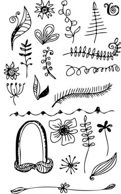 Elle çizilmiş karalamalar kümesi. Çiçek ve bitki