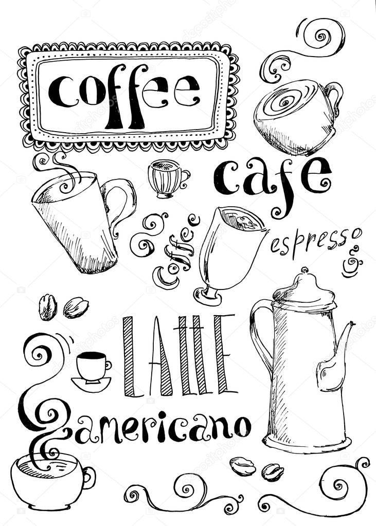 Coffee doodle design element. Hand drawn poster. 