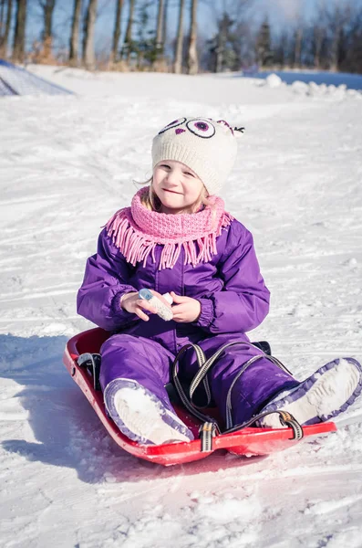Bob kızağı zevk kış zamanında küçük kız — Stok fotoğraf