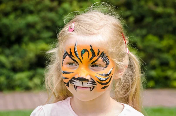 Little Lovely Blond Girl Tiger Face Painting — Stock Photo, Image