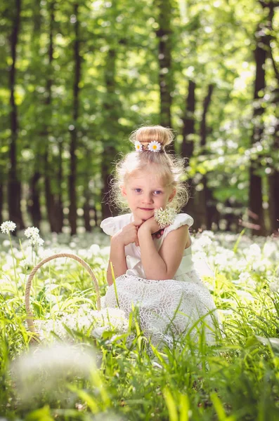 Красивый маленький ребенок позирует в весеннем лесу — стоковое фото