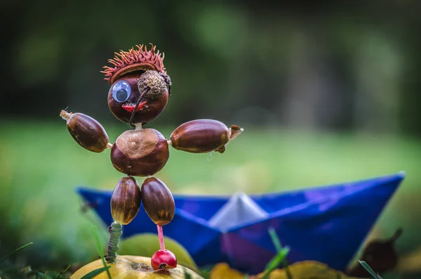 Cute Autumn Pirate Figure Made Chestnut Material Posing Blue Boat — Stock Photo, Image