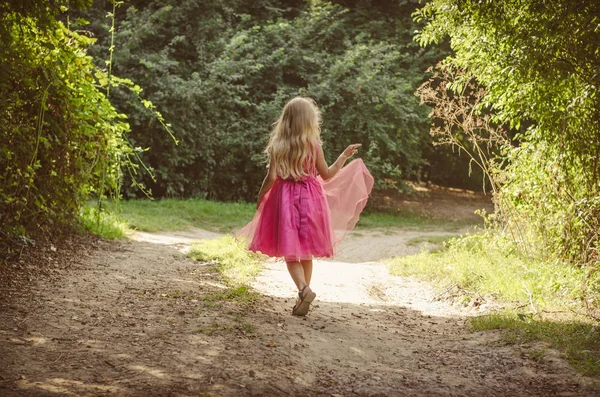 Kis gyermek, séta a vidéki foothpath hátsó nézet — Stock Fotó