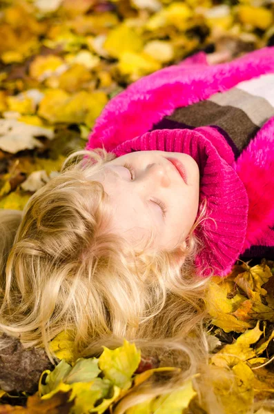 Bel bambino in foglie d'autunno — Foto Stock