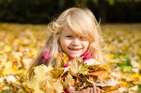 Beautiful Blond Long Haired Girl Autumn Park Holding Colorful Fall — Stock Photo, Image