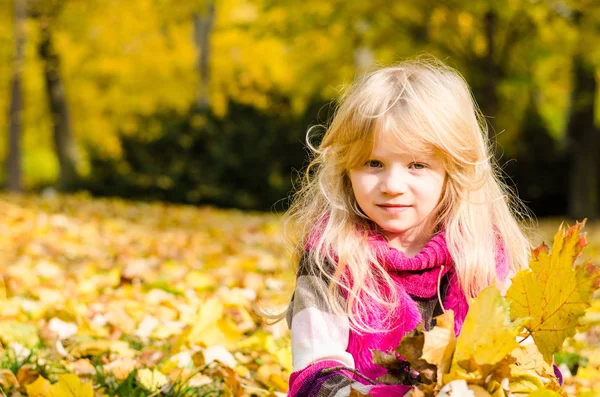 Beautiful Blond Long Haired Girl Autumn Park Holding Colorful Fall — Stock Photo, Image