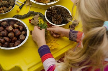 Kestane, kozalak ve meşe palamudundan sonbahar süsü yapan küçük çocuk.