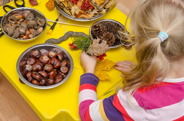 Kestane, kozalak ve meşe palamudundan sonbahar süsü yapan küçük çocuk.