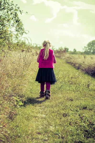 Copil Singur Mergând Câmp Rural Toamna — Fotografie, imagine de stoc