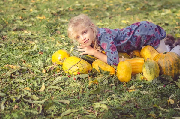 Dítě v podzimní zahradě s dýní — Stock fotografie